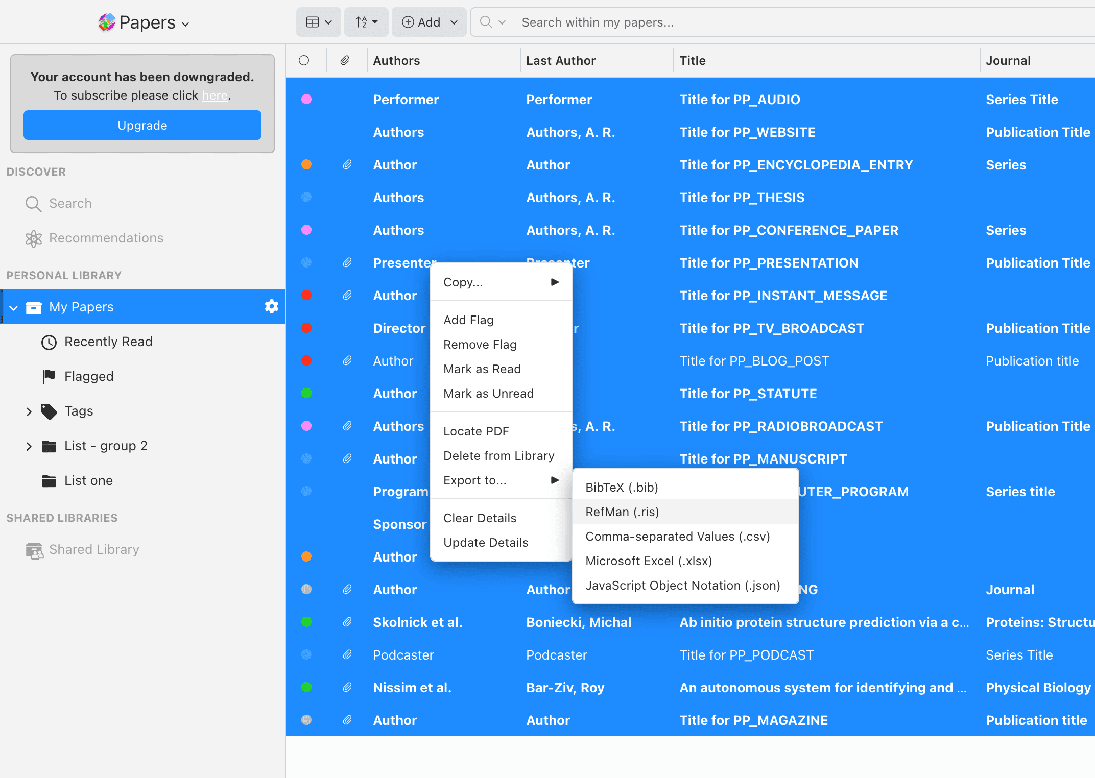 The ReadCube Papers app with all references selected and a right-click menu open on “Export to…”, whose submenu lists BibTeX (.bib), a highlighted RefMan (.ris), CSV, Excel and JSON.